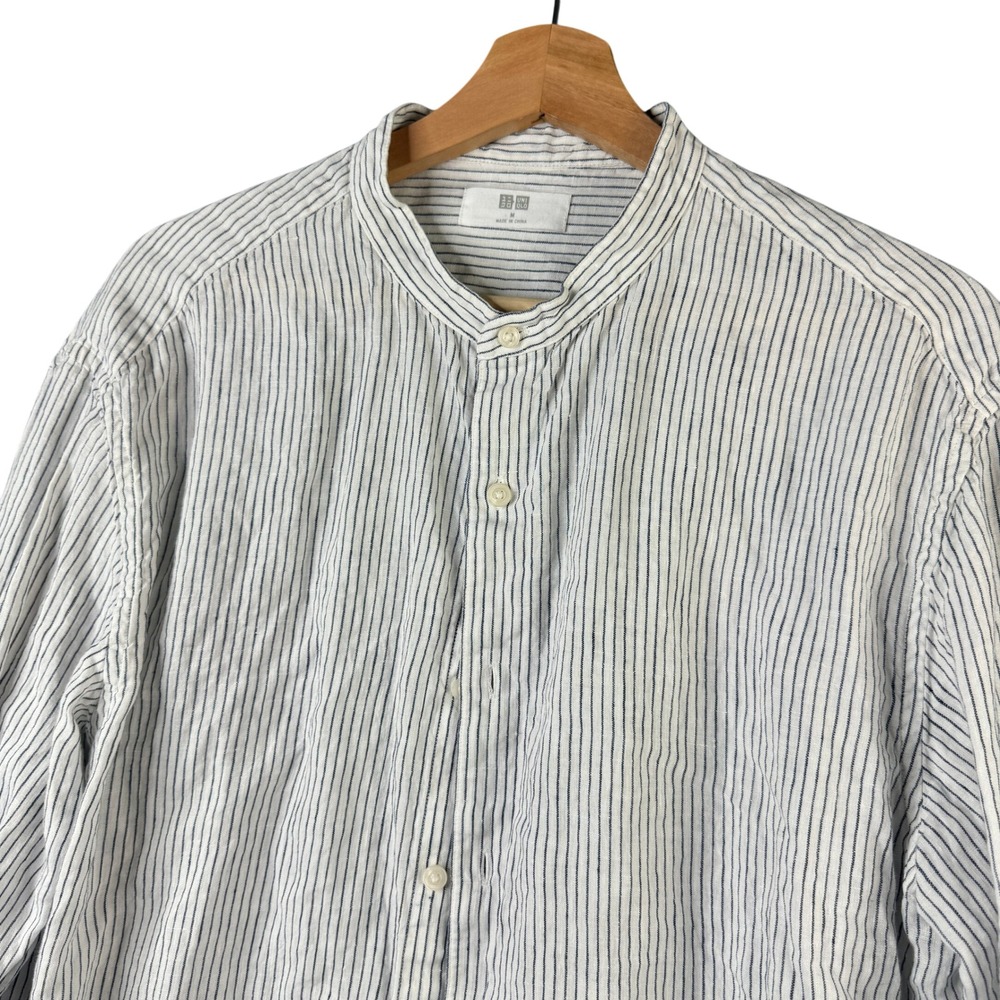 Uniqlo Premium Linen Striped Band Collar Shirt Mens Medium White Blue